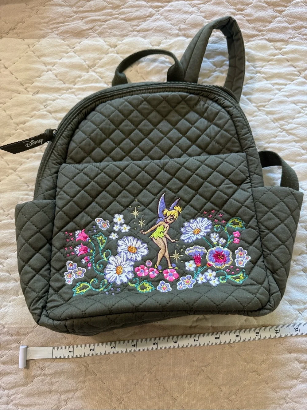 Vera Bradley Olive Green Quilted Backpack with Tinker Bell Floral Embroidery